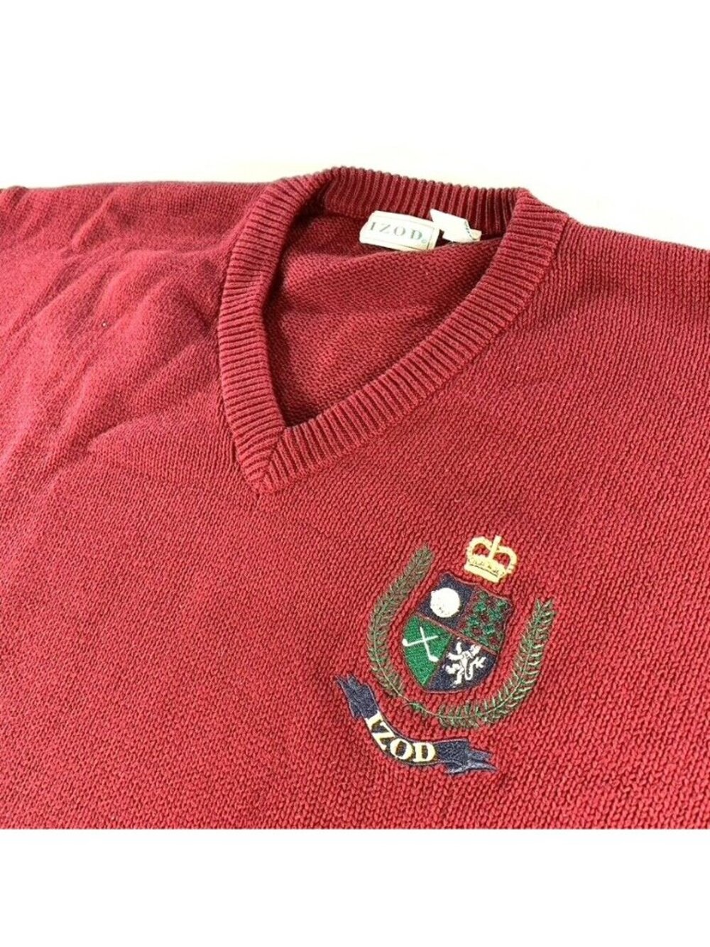 VTG Izod Men's 100% Cotton V-Neck Pullover Sweater Burgundy Red • Large